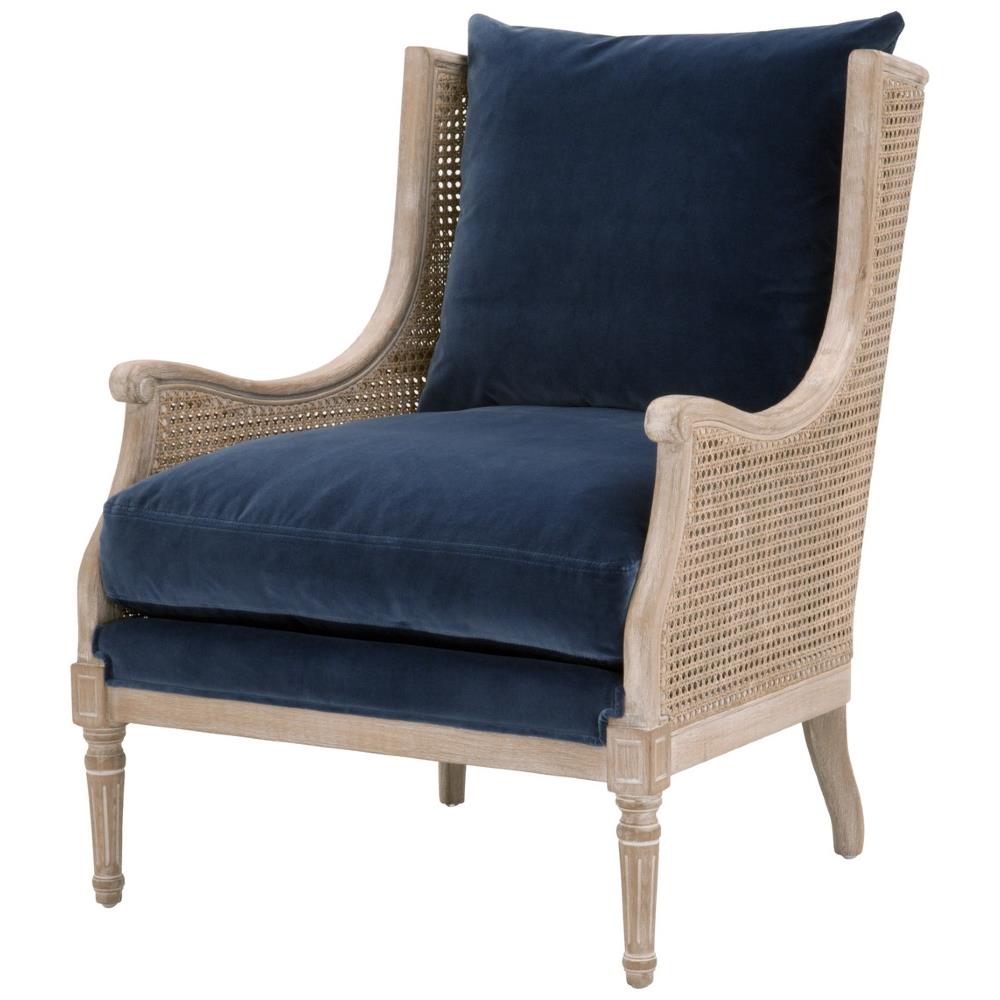 Beau French Country Blue Velvet Grey Birch Wood Wing Chair|