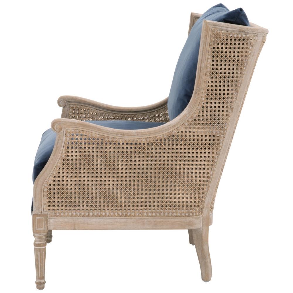 Beau French Country Blue Velvet Grey Birch Wood Wing Chair|