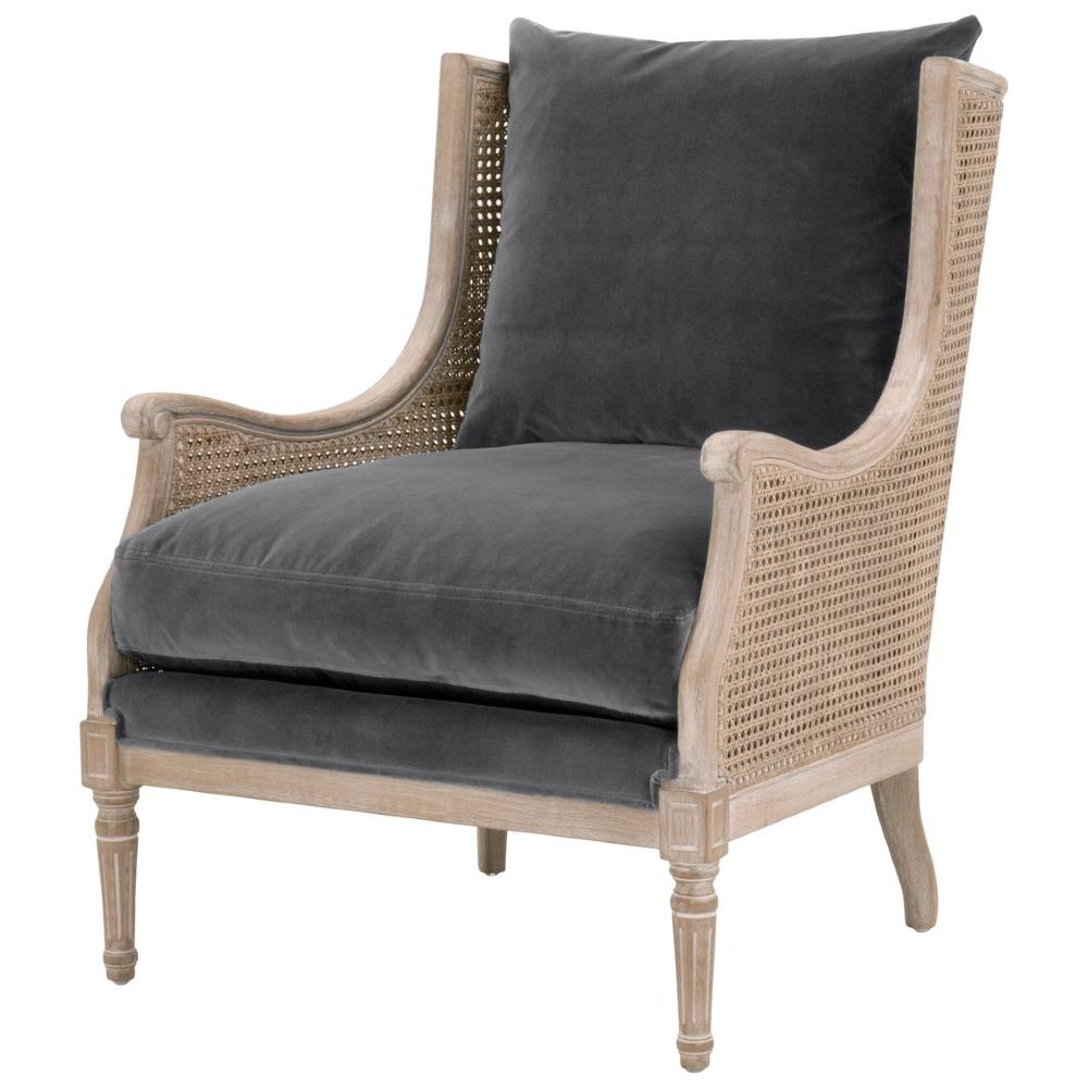 Beau French Country Grey Velvet Natural Cane Birch Wood Wing Arm Chair|