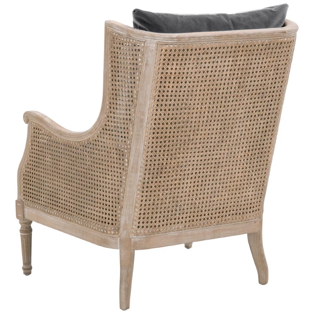 Beau French Country Grey Velvet Natural Cane Birch Wood Wing Arm Chair|