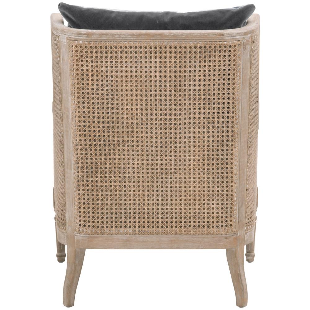 Beau French Country Grey Velvet Natural Cane Birch Wood Wing Arm Chair|