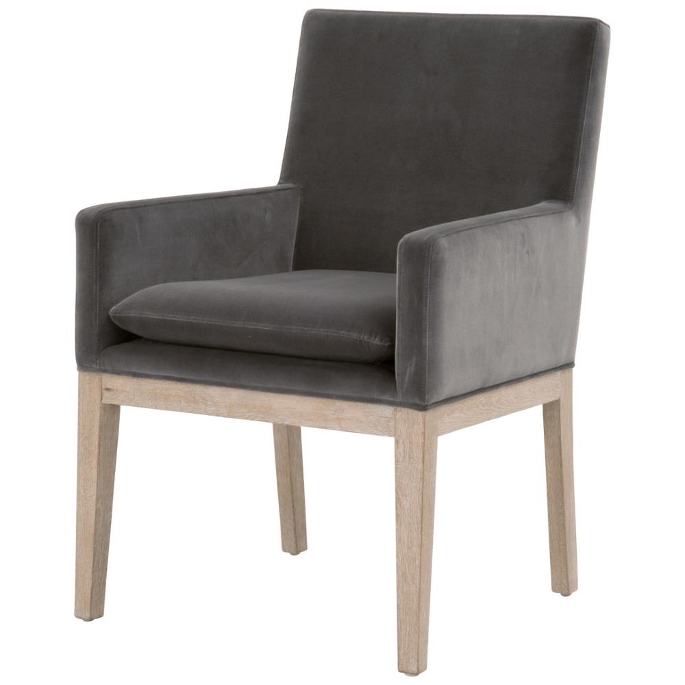 Danielle Modern Classic Grey Velvet Oak Wood Dining Arm Chair|