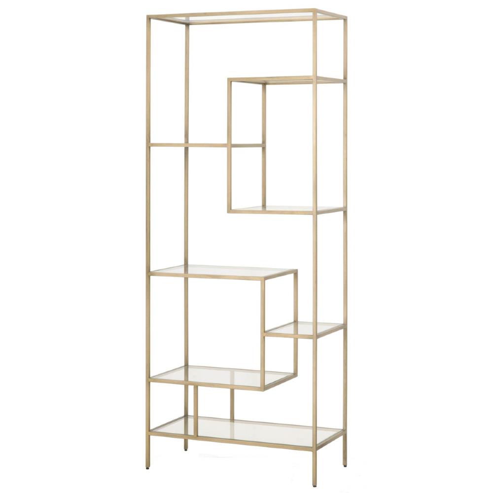 Ava Modern Classic Clear Tempered Glass Shelves Gold Brass Bookcase|