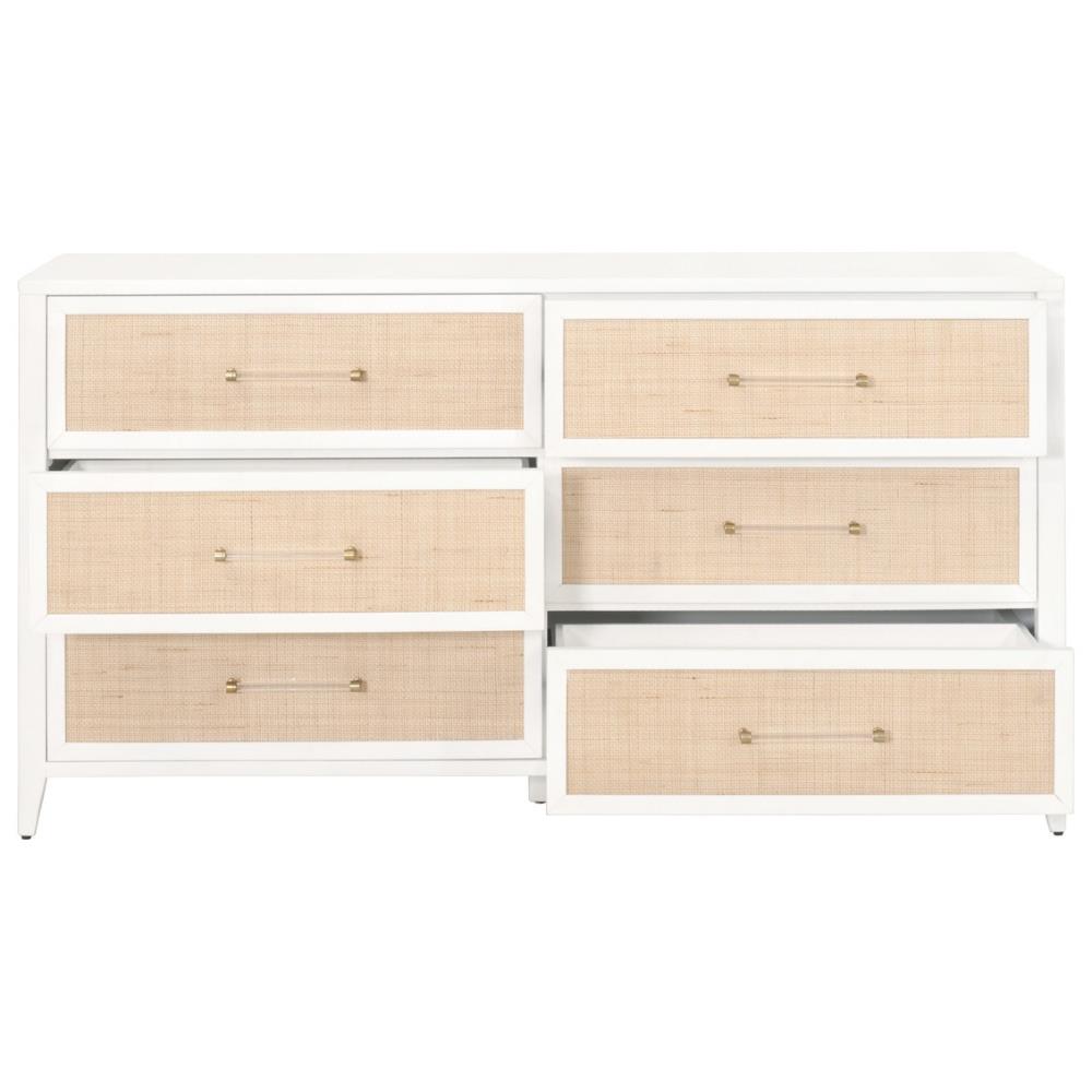 Steven Coastal Beach Natural Rattan White Wood Frame 6 Drawer Dresser|