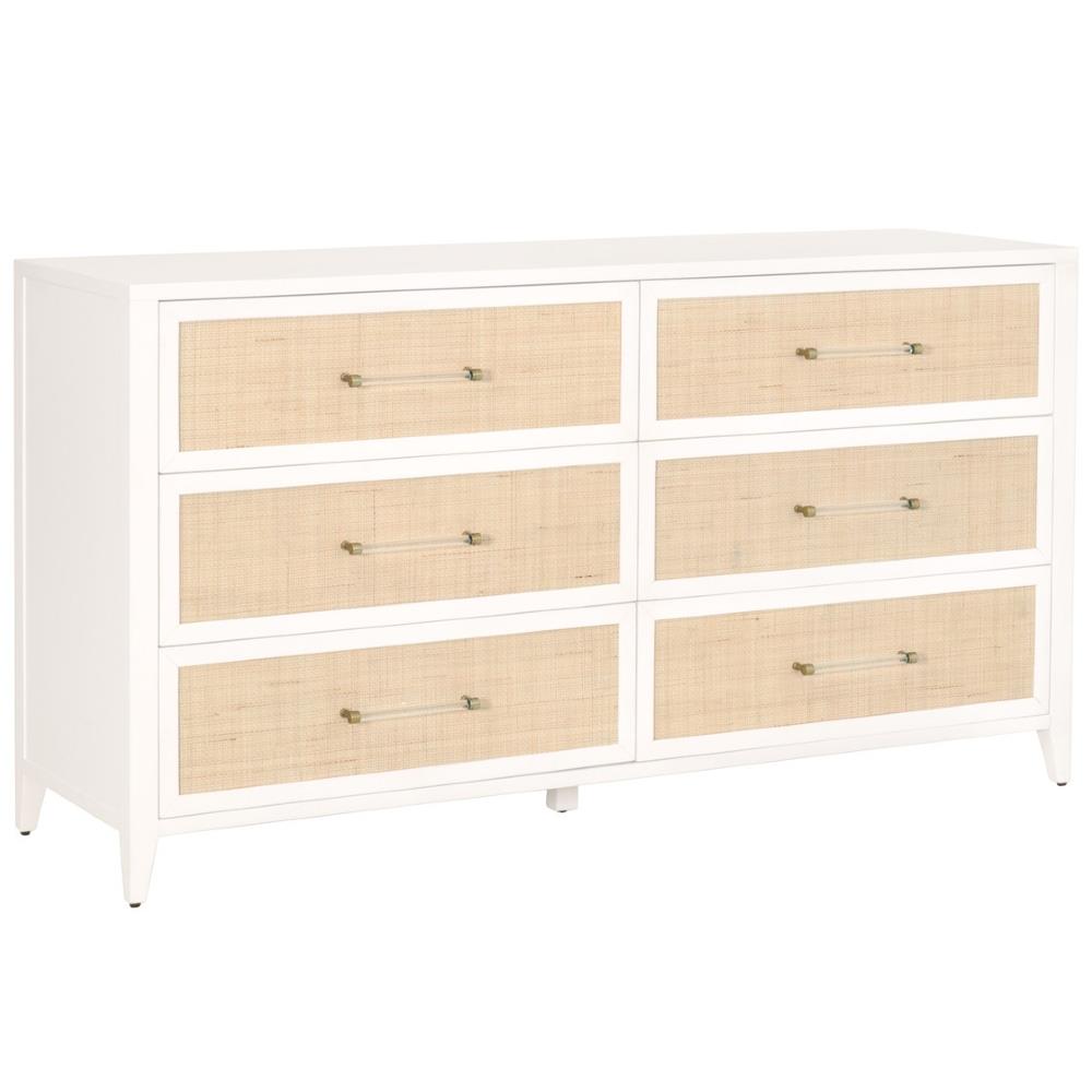 Steven Coastal Beach Natural Rattan White Wood Frame 6 Drawer Dresser|