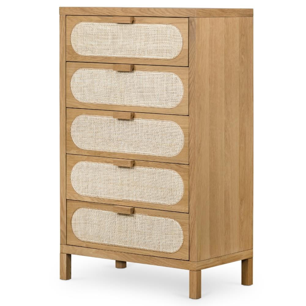 Allie Coastal Brown Oak Light Wood Beige Cane 5 Drawer Dresser|
