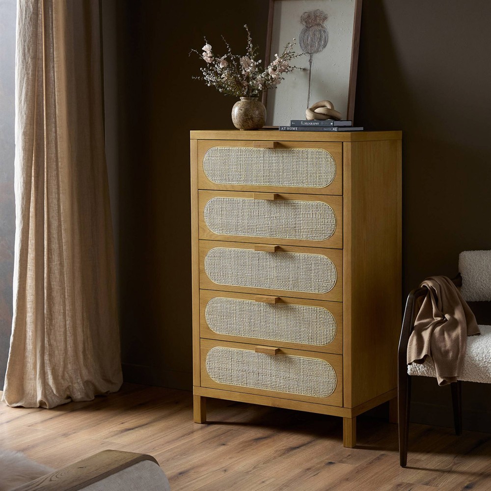 Allie Coastal Brown Oak Light Wood Beige Cane 5 Drawer Dresser|