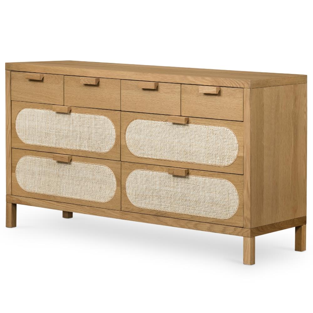 Allie Coastal Brown Oak Light Wood 8 Drawer Beige Cane Dresser|