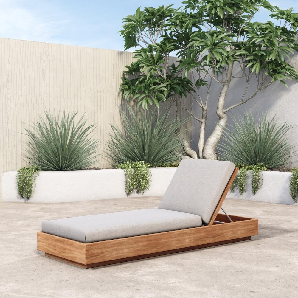 Kisha Rustic Lodge Silver Upholstered Linen Natural Teak Wood Outdoor Chaise|