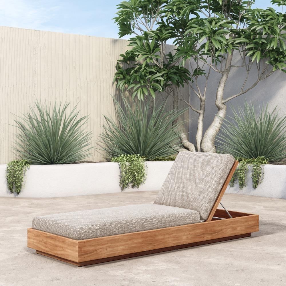 Kisha Rustic Lodge Light Grey Upholstered Linen Natural Teak Wood Outdoor Chaise|