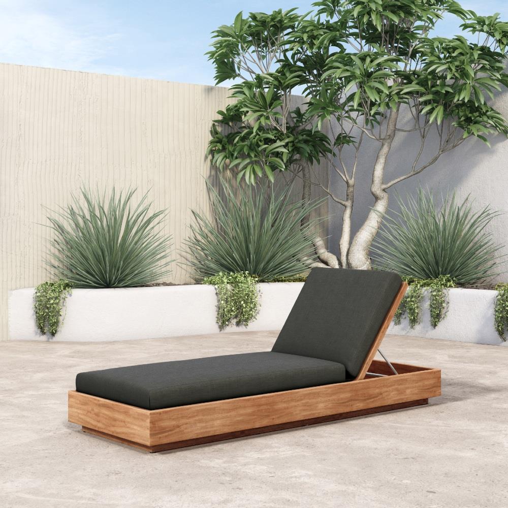 Kisha Modern Classic Black Upholstered Linen Natural Teak Wood Outdoor Chaise|