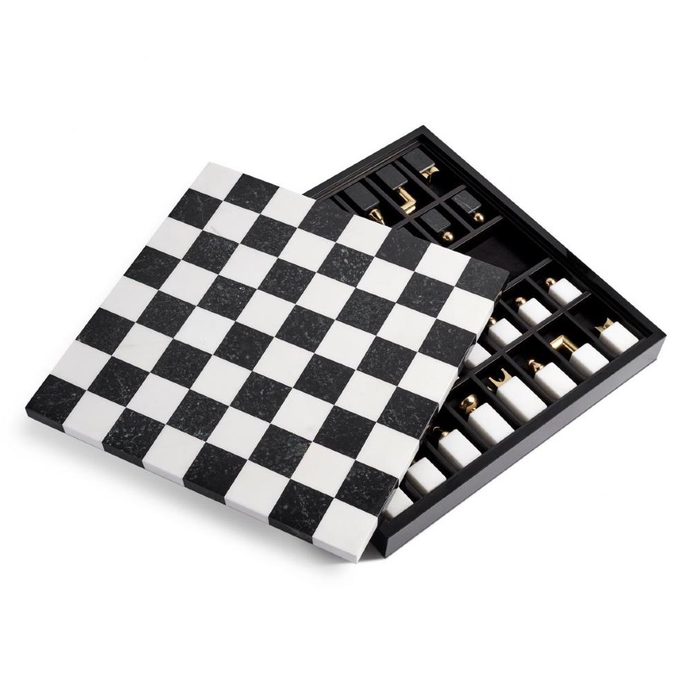 L'Objet Modern Classic White Marble Brass Accent Chess Set|