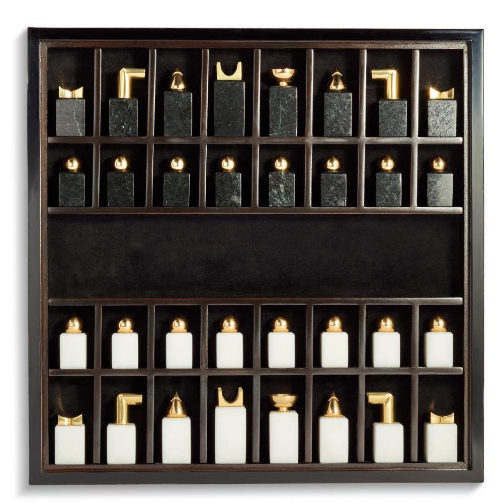 L'Objet Modern Classic White Marble Brass Accent Chess Set|