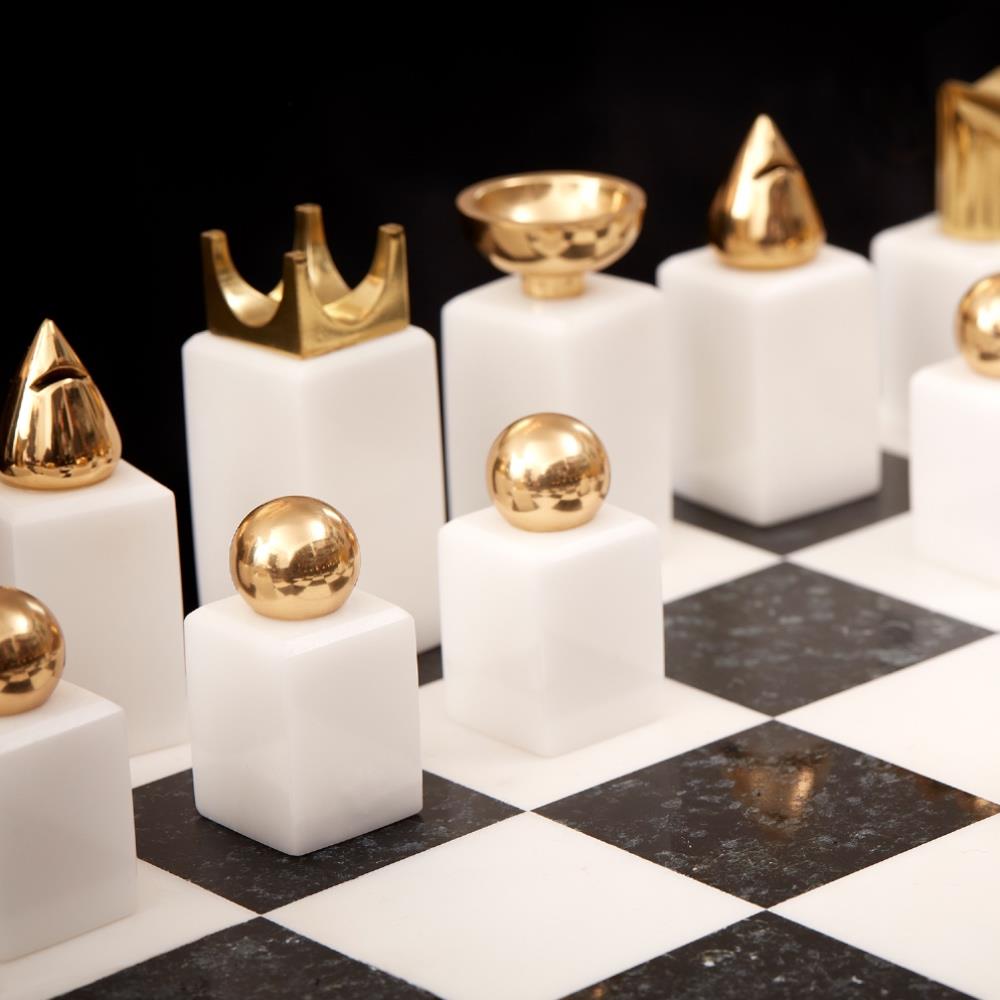 L'Objet Modern Classic White Marble Brass Accent Chess Set|