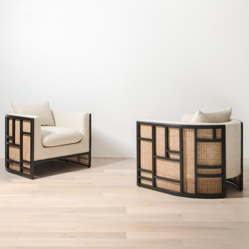 Jun Modern Cream Performance Upholstered Cushion Black Wood Cane Arm Chair|