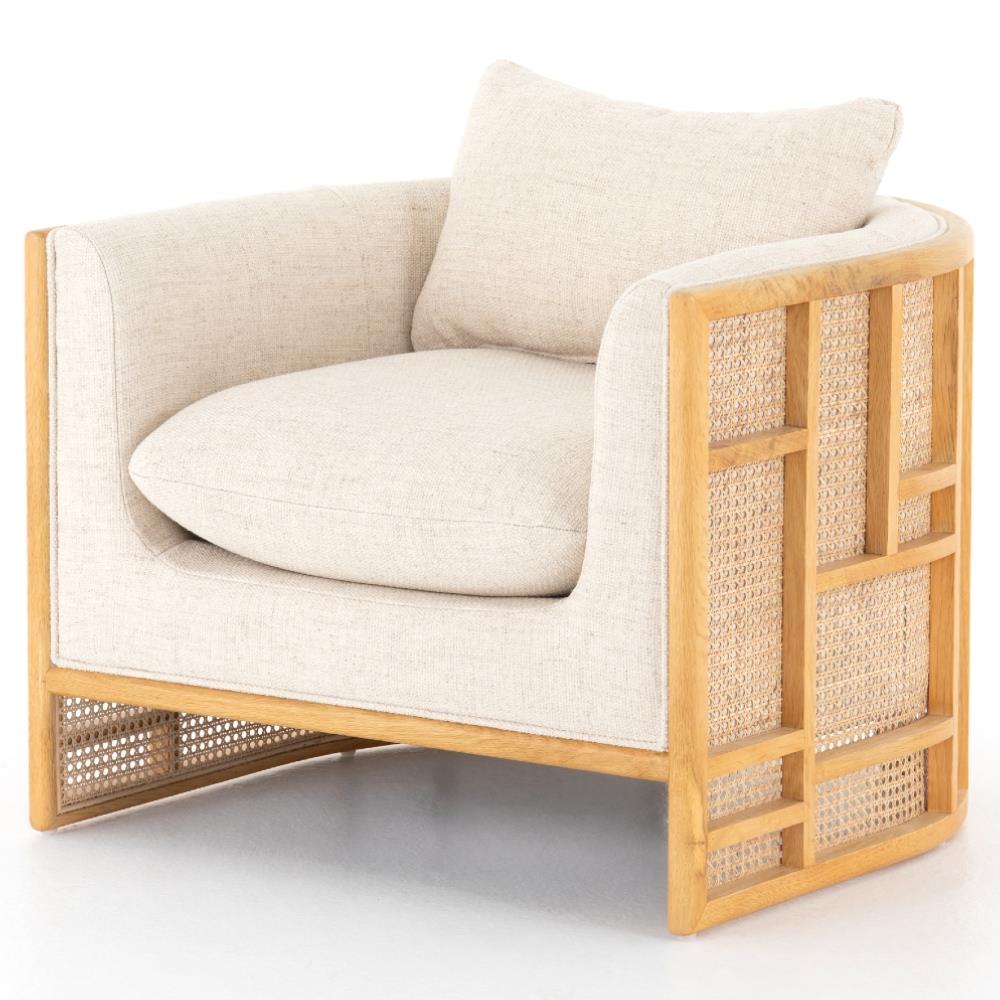 Jun Modern Cream Performance Upholstered Cushion Brown Wood Cane Arm Chair|