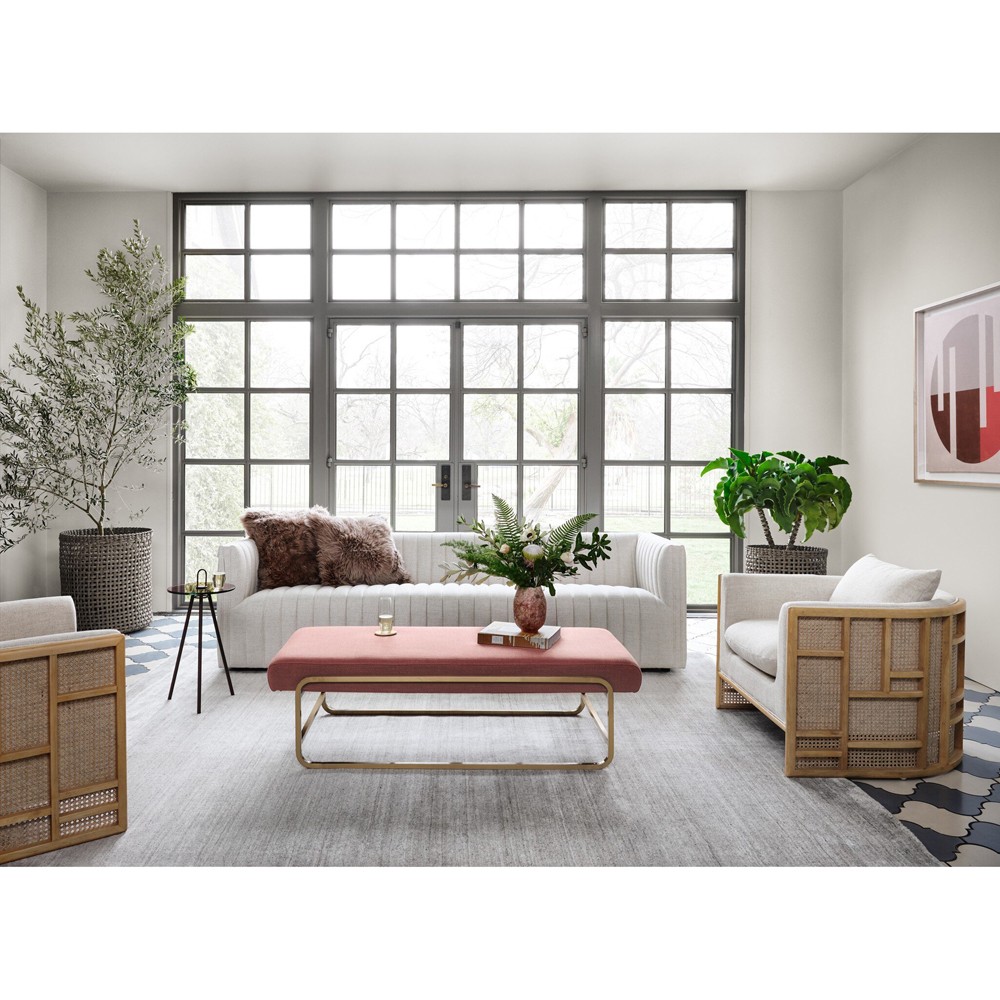 Jun Modern Cream Performance Upholstered Cushion Brown Wood Cane Arm Chair|