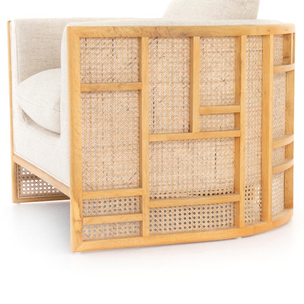 Jun Modern Cream Performance Upholstered Cushion Brown Wood Cane Arm Chair|