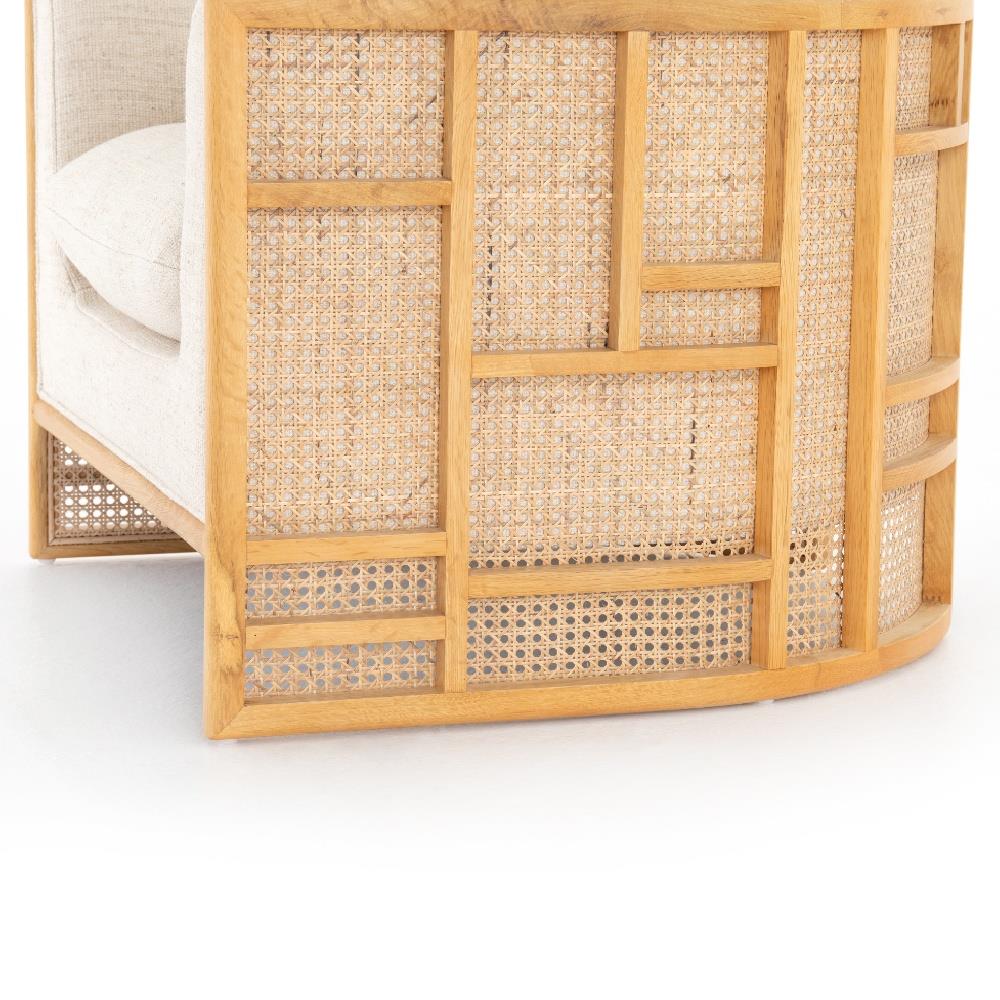 Jun Modern Cream Performance Upholstered Cushion Brown Wood Cane Arm Chair|