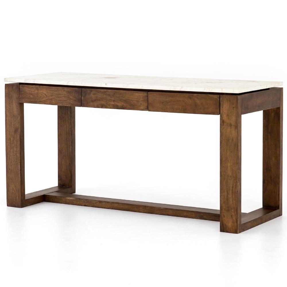 Tony Modern White Marble Tabletop Brown Acacia Wood 6 Drawer Kitchen Island|