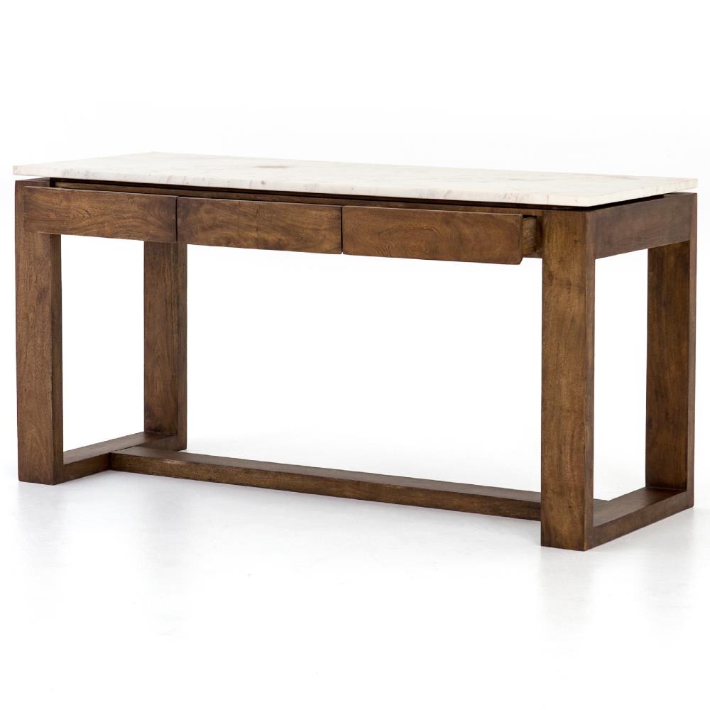 Tony Modern White Marble Tabletop Brown Acacia Wood 6 Drawer Kitchen Island|