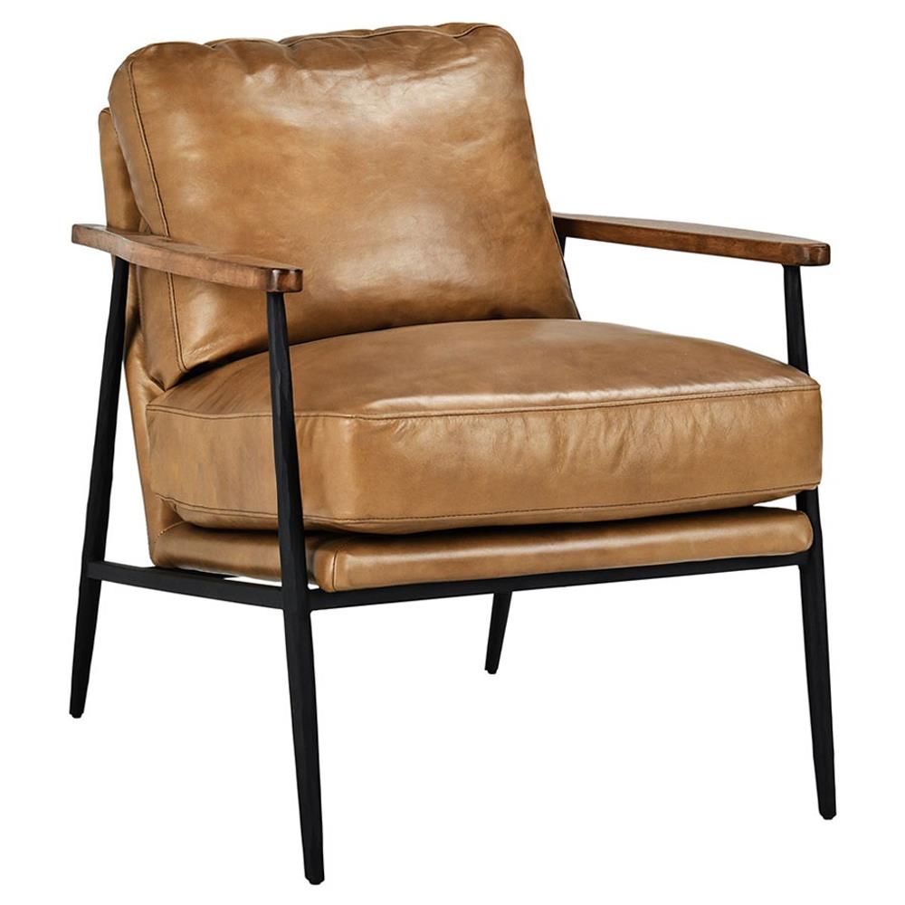 Lena Mid Century Modern Brown Leather Upholstered Iron Arm Chair