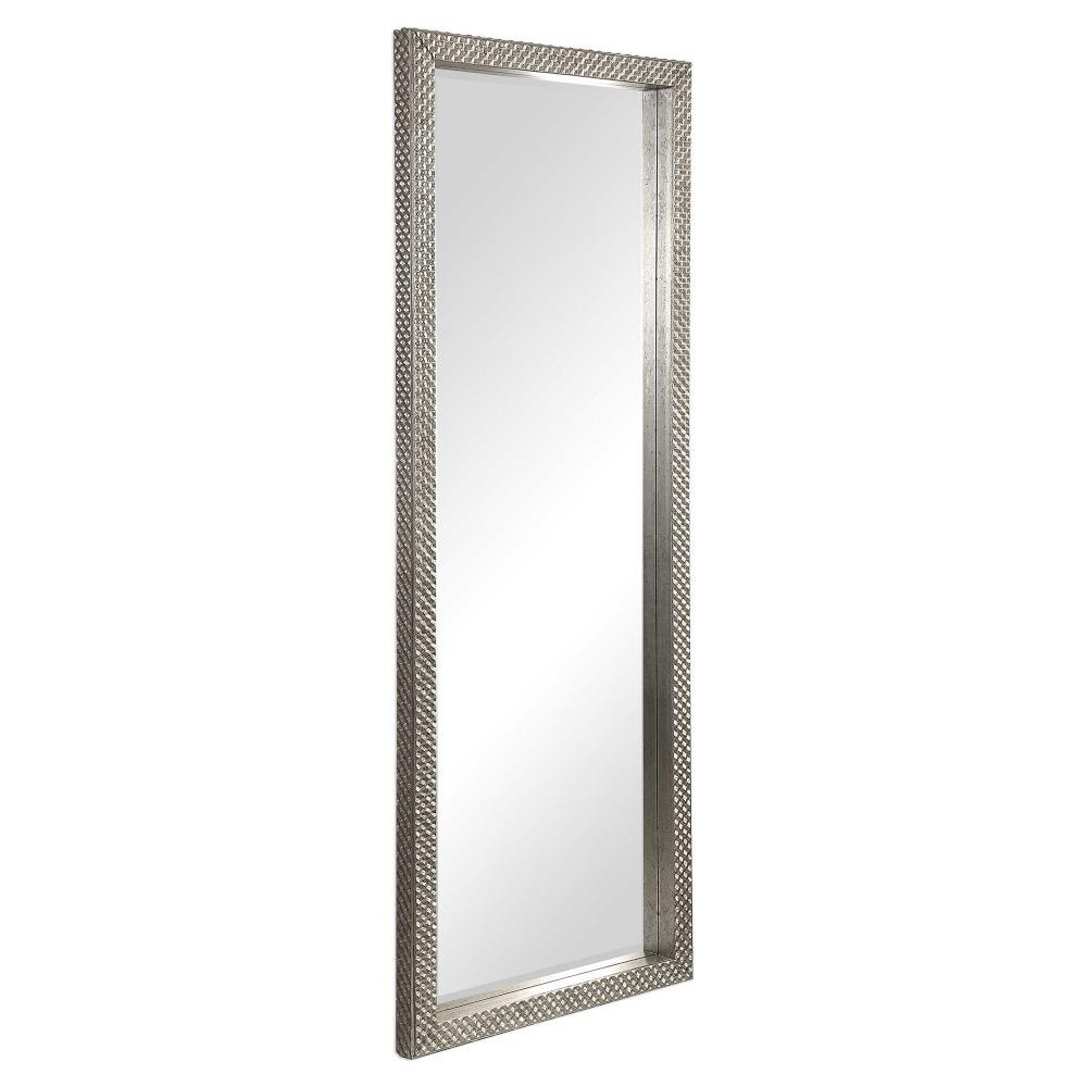 Cecille Modern Classic Diamond Stud Textured Silver Wood Floor Mirror|