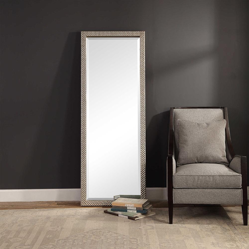 Cecille Modern Classic Diamond Stud Textured Silver Wood Floor Mirror|