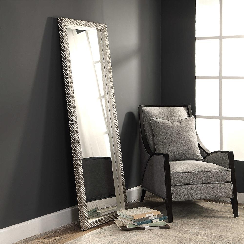 Cecille Modern Classic Diamond Stud Textured Silver Wood Floor Mirror|