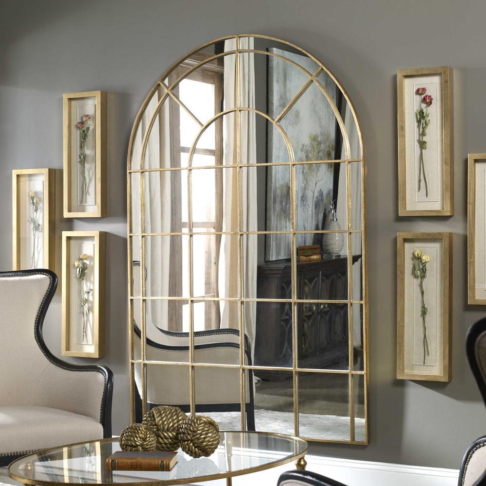 Anthony French Country Gold Metal Arch Windowpane Floor Mirror|