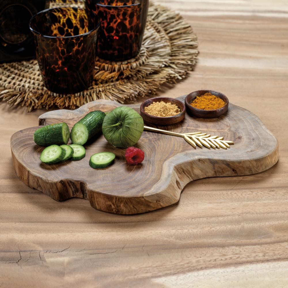 Greg Rustic Lodge Natural Brown Teak Serving Board with Condiment Bowls|