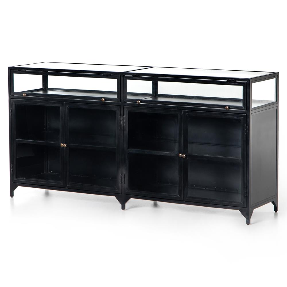 Katren Industrial Loft Clear Tempered Glass Top Black Iron Sideboard|