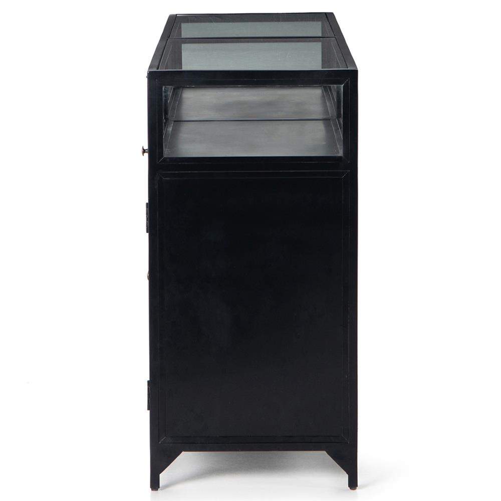 Katren Industrial Loft Clear Tempered Glass Top Black Iron Sideboard|