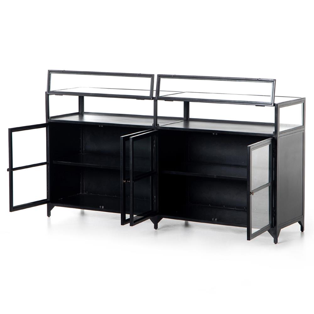 Katren Industrial Loft Clear Tempered Glass Top Black Iron Sideboard|