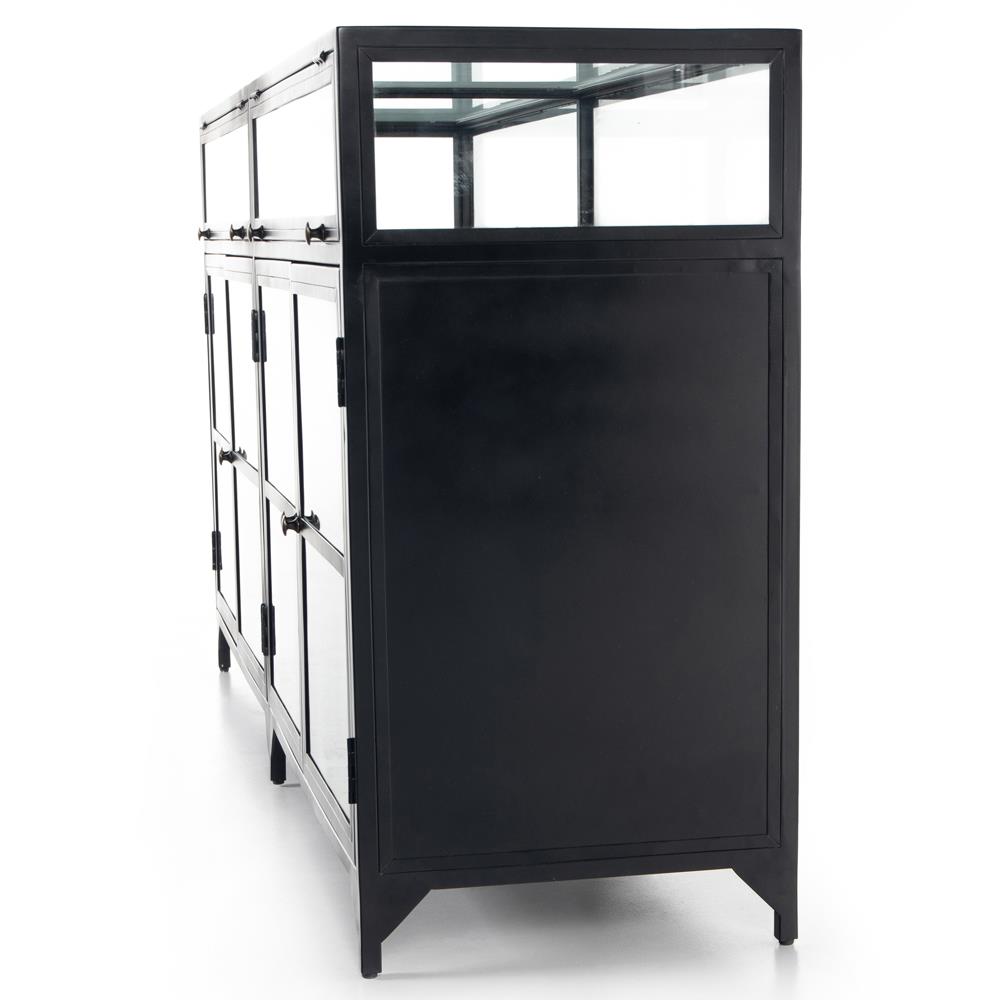 Katren Industrial Loft Clear Tempered Glass Top Black Iron Sideboard|