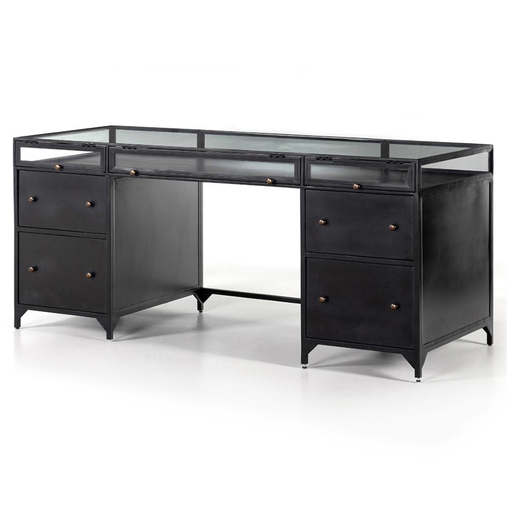 Katren Industrial Loft Black Iron Glass Shadow Box Top 4 Drawer Executive Desk|
