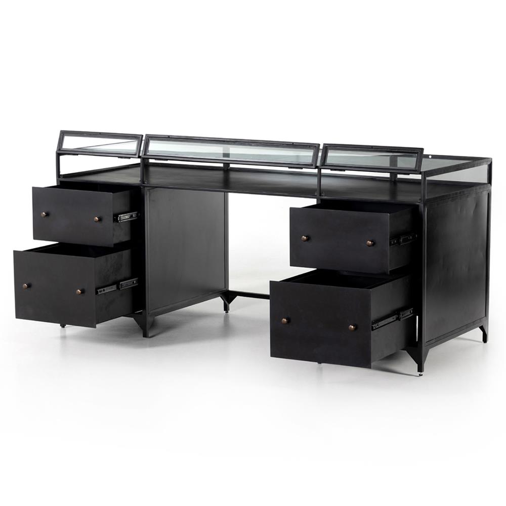 Katren Industrial Loft Black Iron Glass Shadow Box Top 4 Drawer Executive Desk|