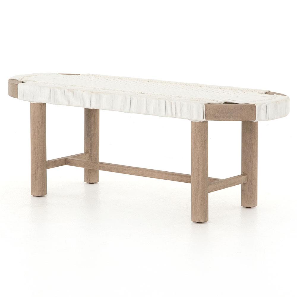Summer Coastal Beach White Woven Rope Natural Teak Wood Outdoor Bench|