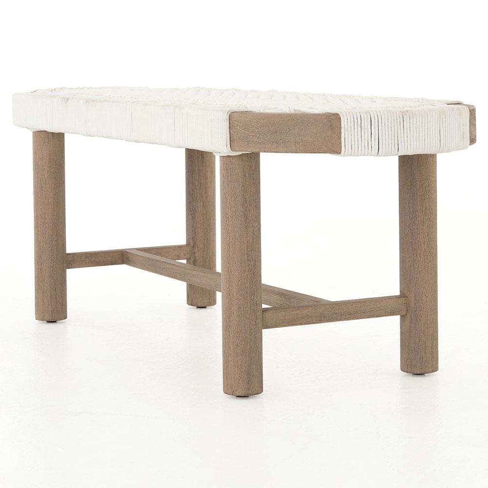Summer Coastal Beach White Woven Rope Natural Teak Wood Outdoor Bench|