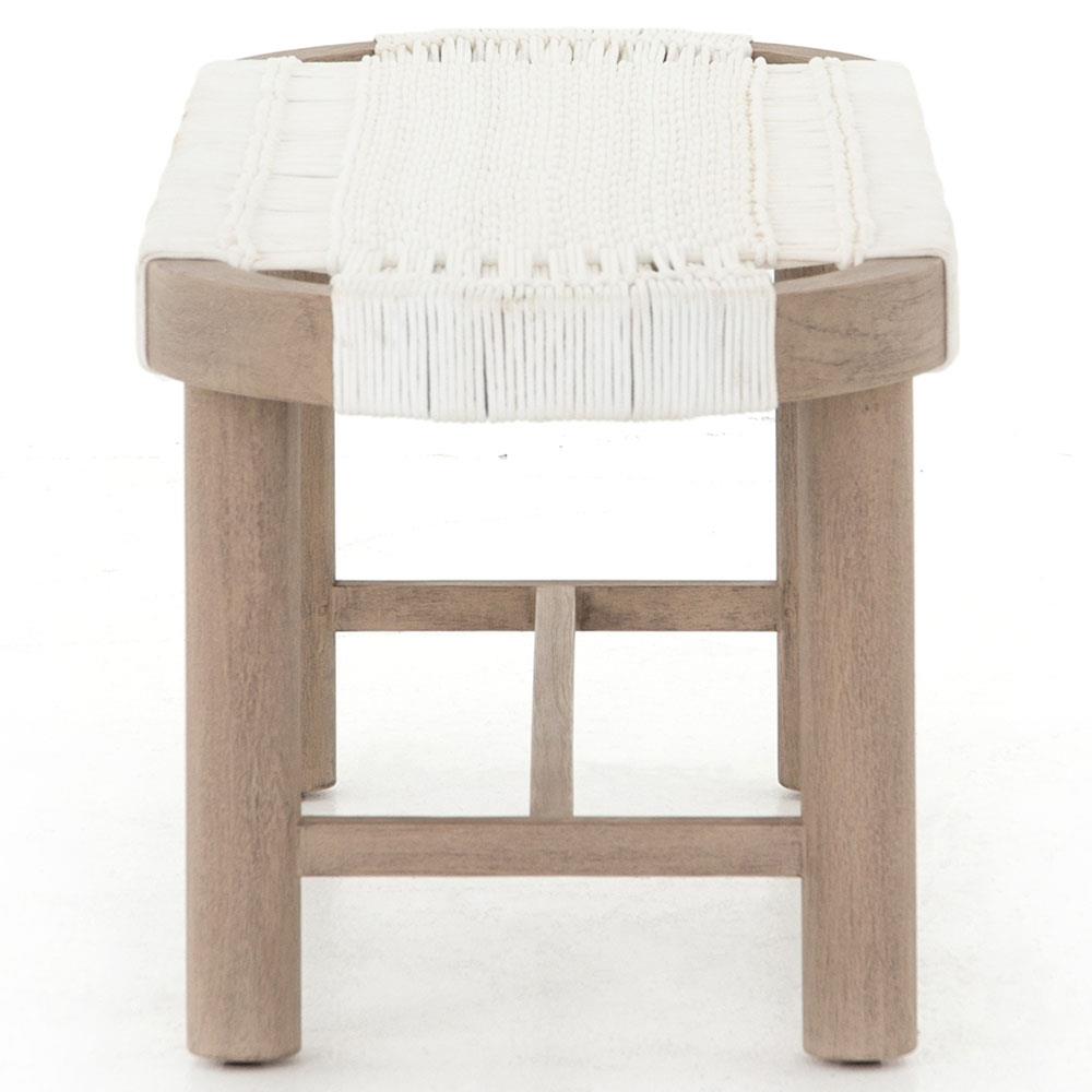 Summer Coastal Beach White Woven Rope Natural Teak Wood Outdoor Bench|