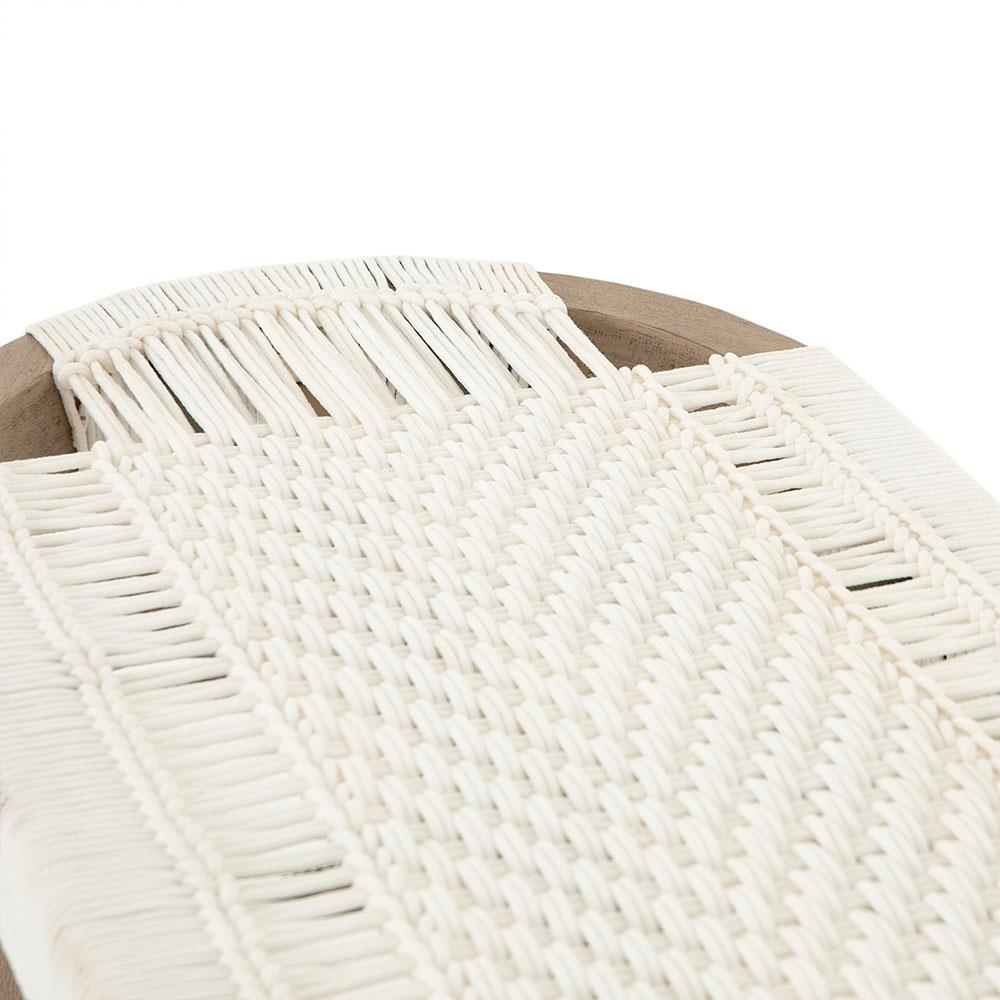 Summer Coastal Beach White Woven Rope Natural Teak Wood Outdoor Bench|