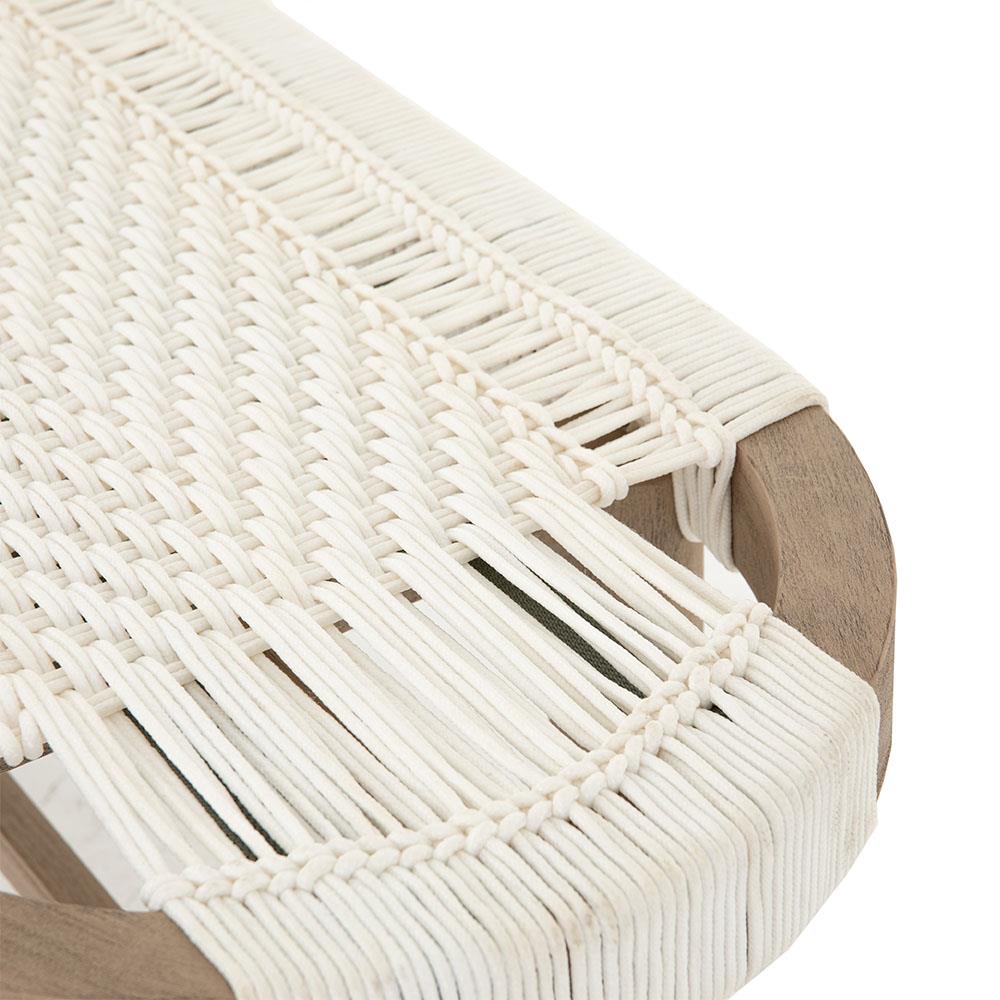 Summer Coastal Beach White Woven Rope Natural Teak Wood Outdoor Bench|