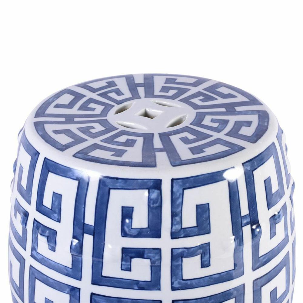 Cole Modern Classic Blue and White Porcelain Greek Key Outdoor Garden Stool|
