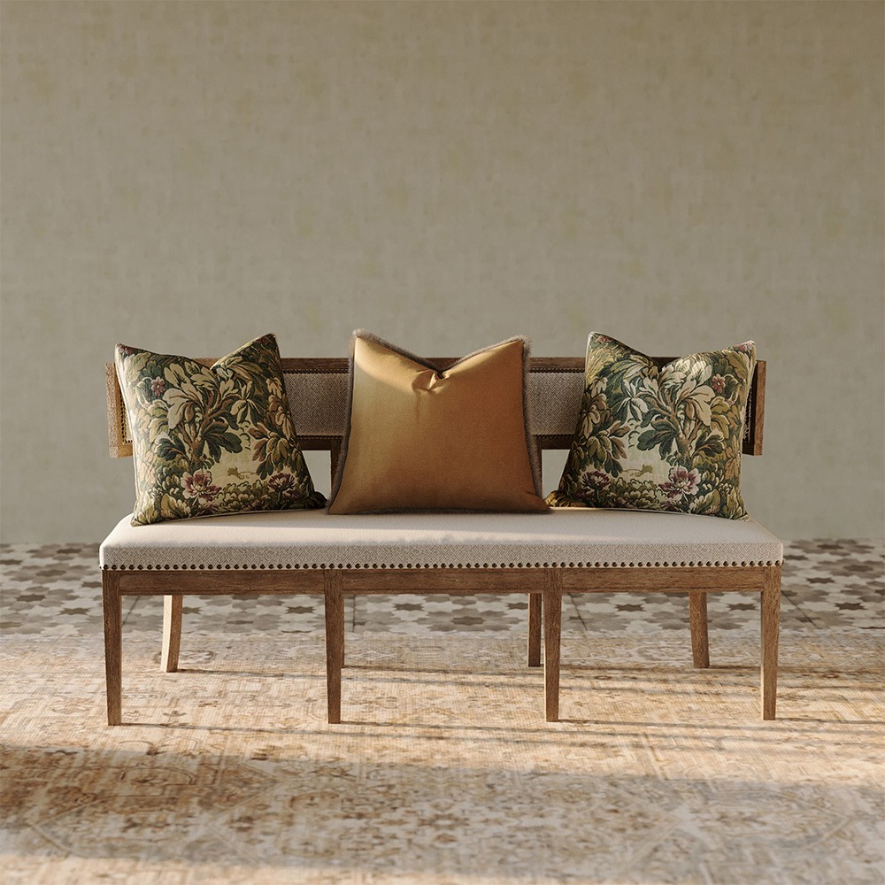 Rosie French Country Brown Oak Wood Beige Performance Cushion 3-Seat Banquette|