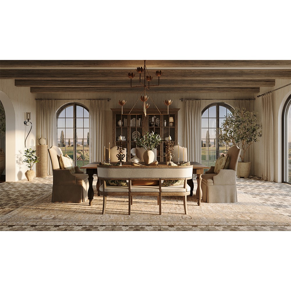 Rosie French Country Brown Oak Wood Beige Performance Cushion 3-Seat Banquette|