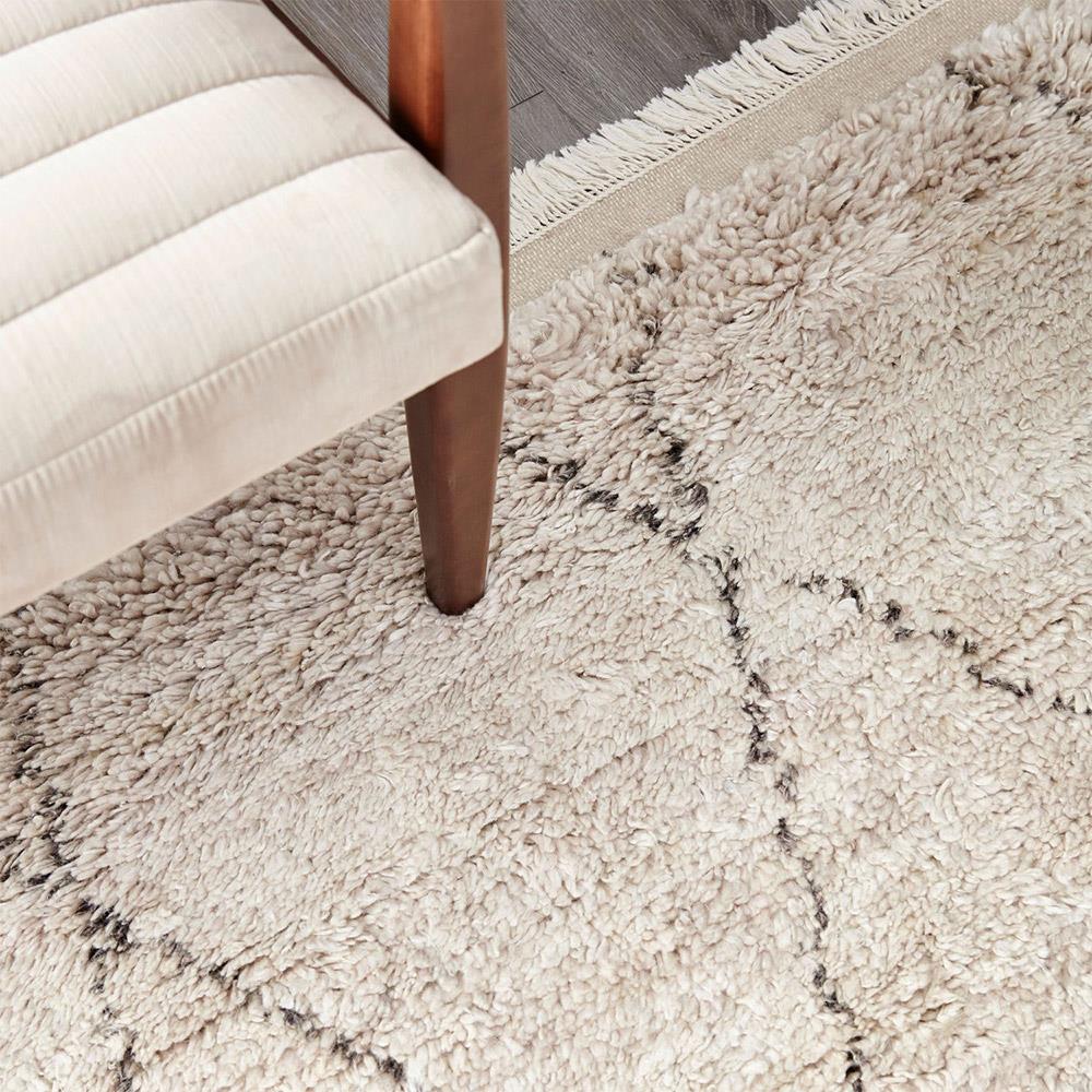 Shaggy Moroccan Linen Beige Wool Diamond Patterned Rug - 5'x8'|