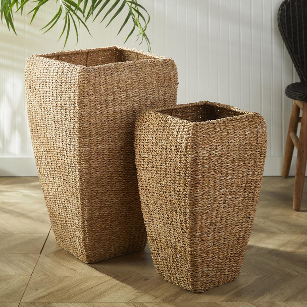 Zuri French Country Brown Woven Seagrass Square Basket Planter - Set of 2|
