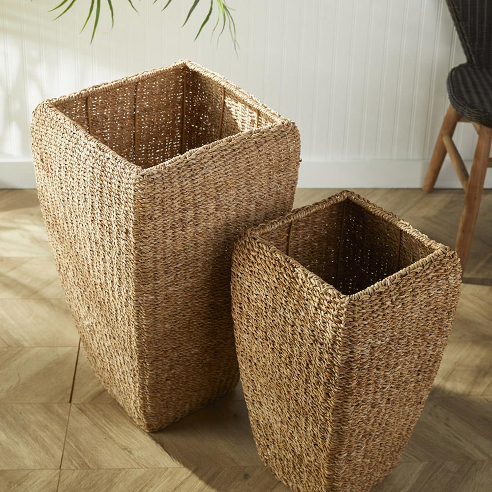 Zuri French Country Brown Woven Seagrass Square Basket Planter - Set of 2|