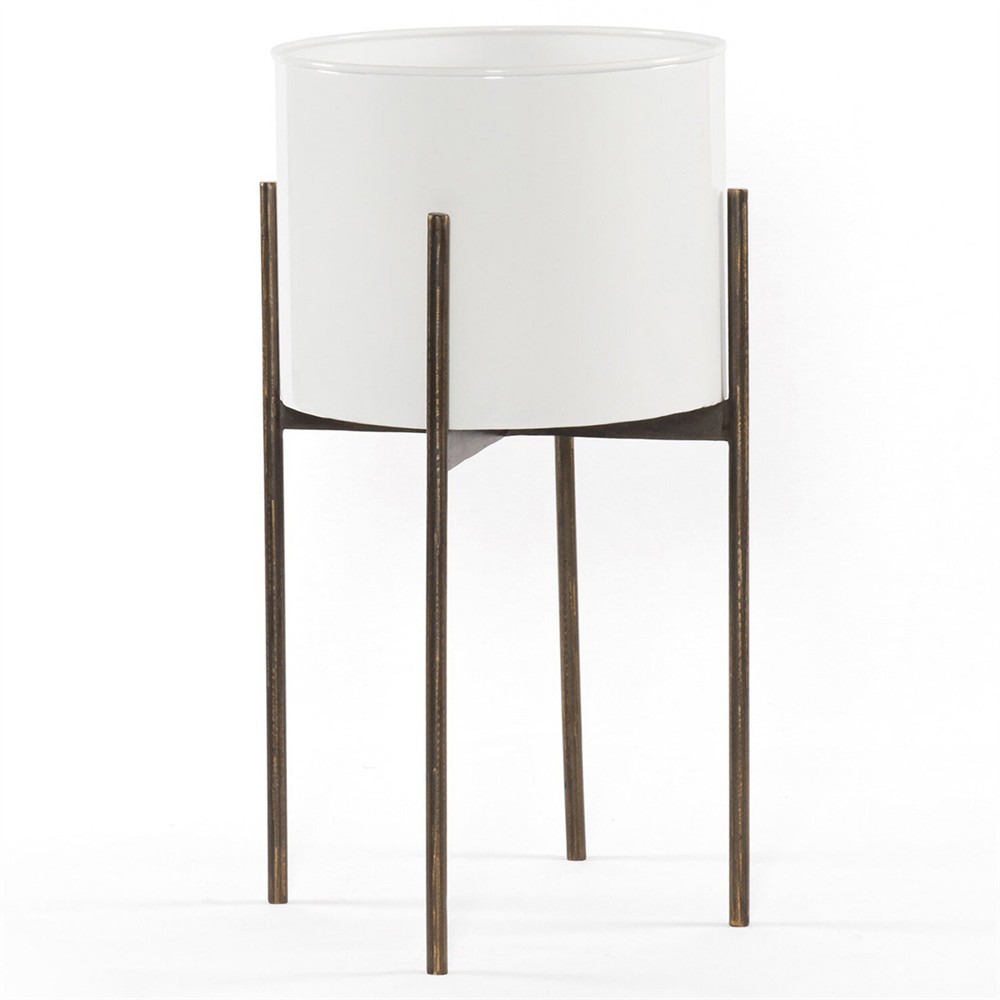 Jared Industrial Loft White Iron Brass Base Round Outdoor Planter - Small|