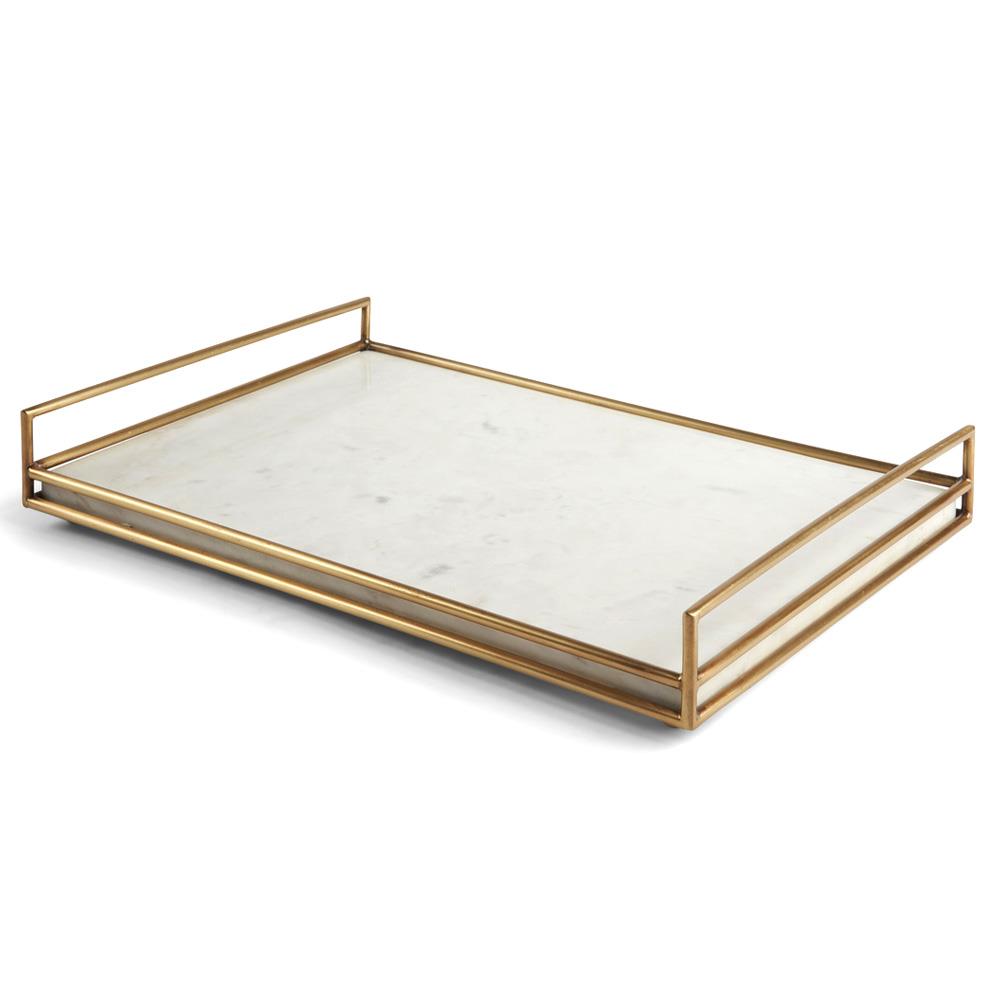 Tina Hollywood Regency Gold Iron Frame White Marble Rectangular Serving Tray|